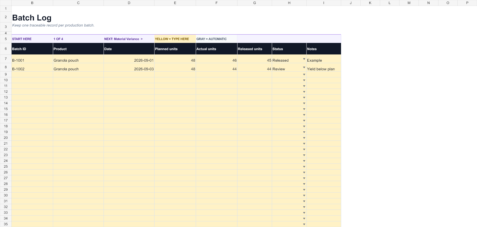 Preview of the Batch Production & Planned-vs-Actual Variance Spreadsheet workbook