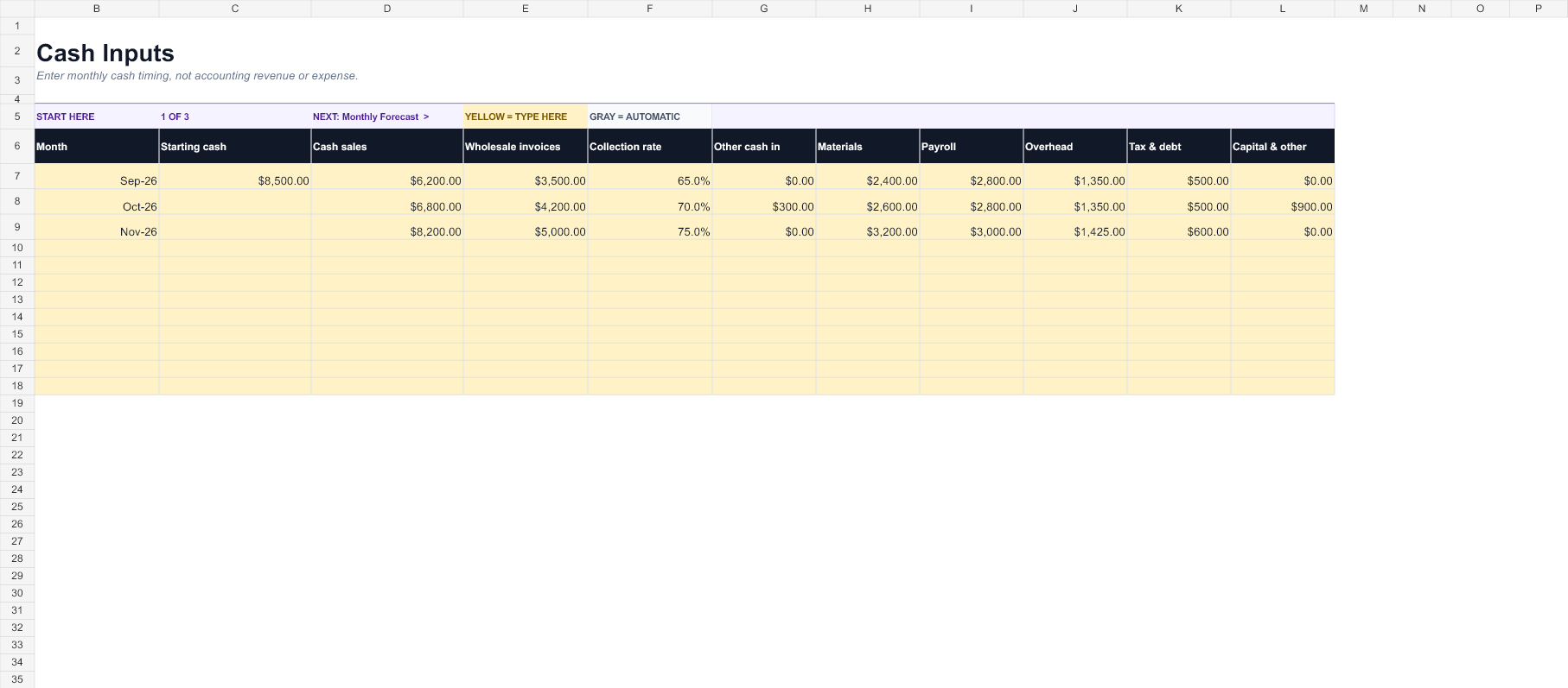 Preview of the Cash Flow Forecast Spreadsheet workbook