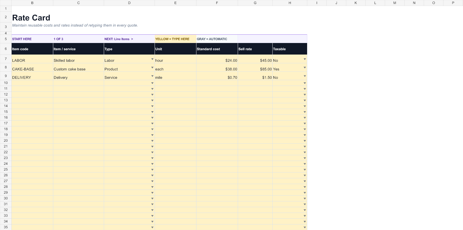 Preview of the Custom Order / Quote Workbook workbook