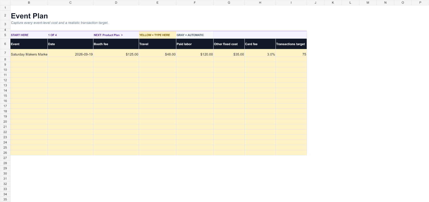 Preview of the Farmers Market & Event Profit Spreadsheet workbook