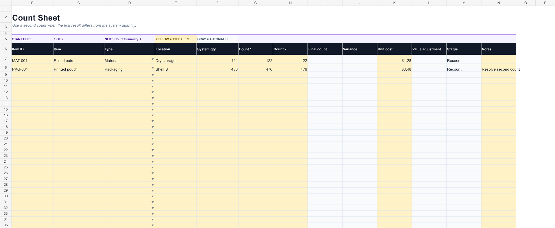 Preview of the Inventory Count Sheet workbook