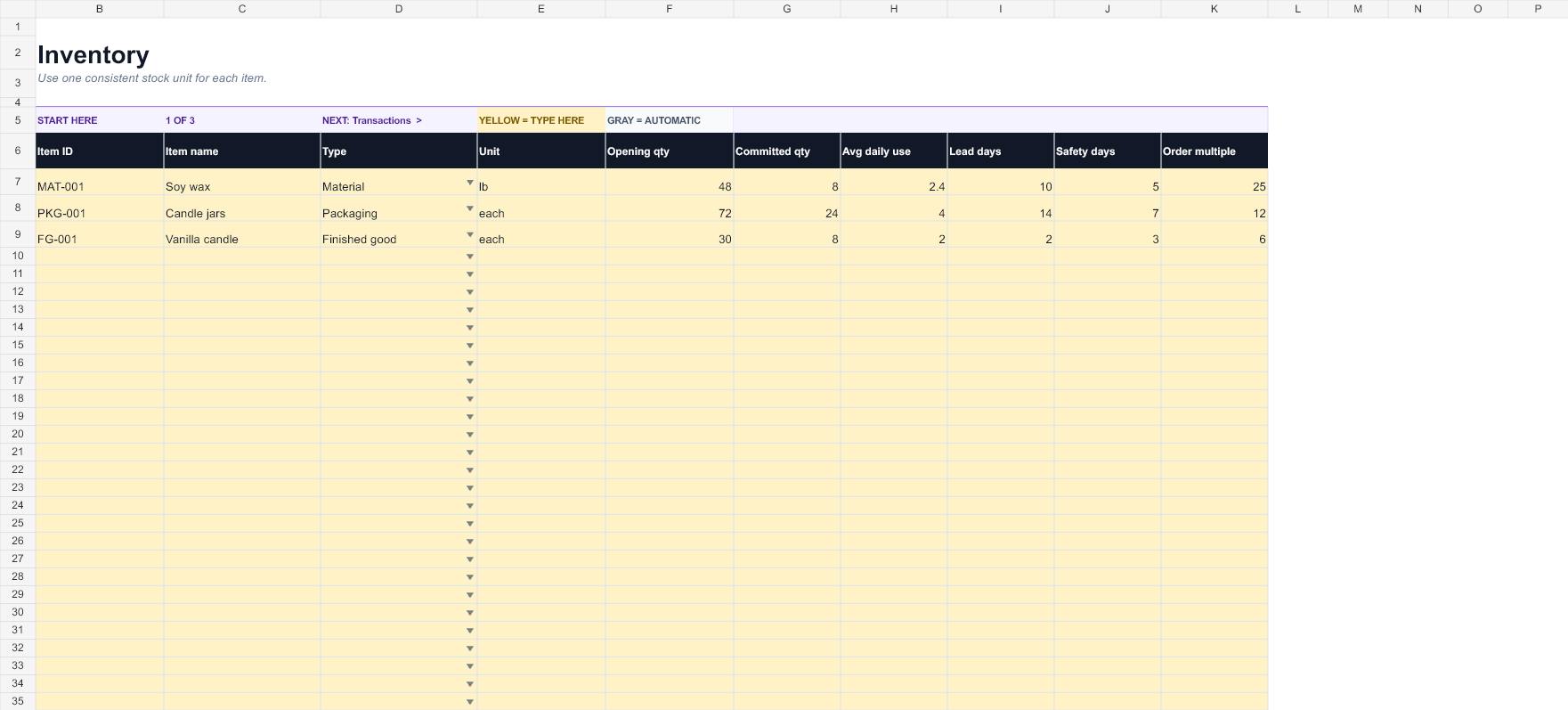Preview of the Inventory & Reorder Spreadsheet workbook