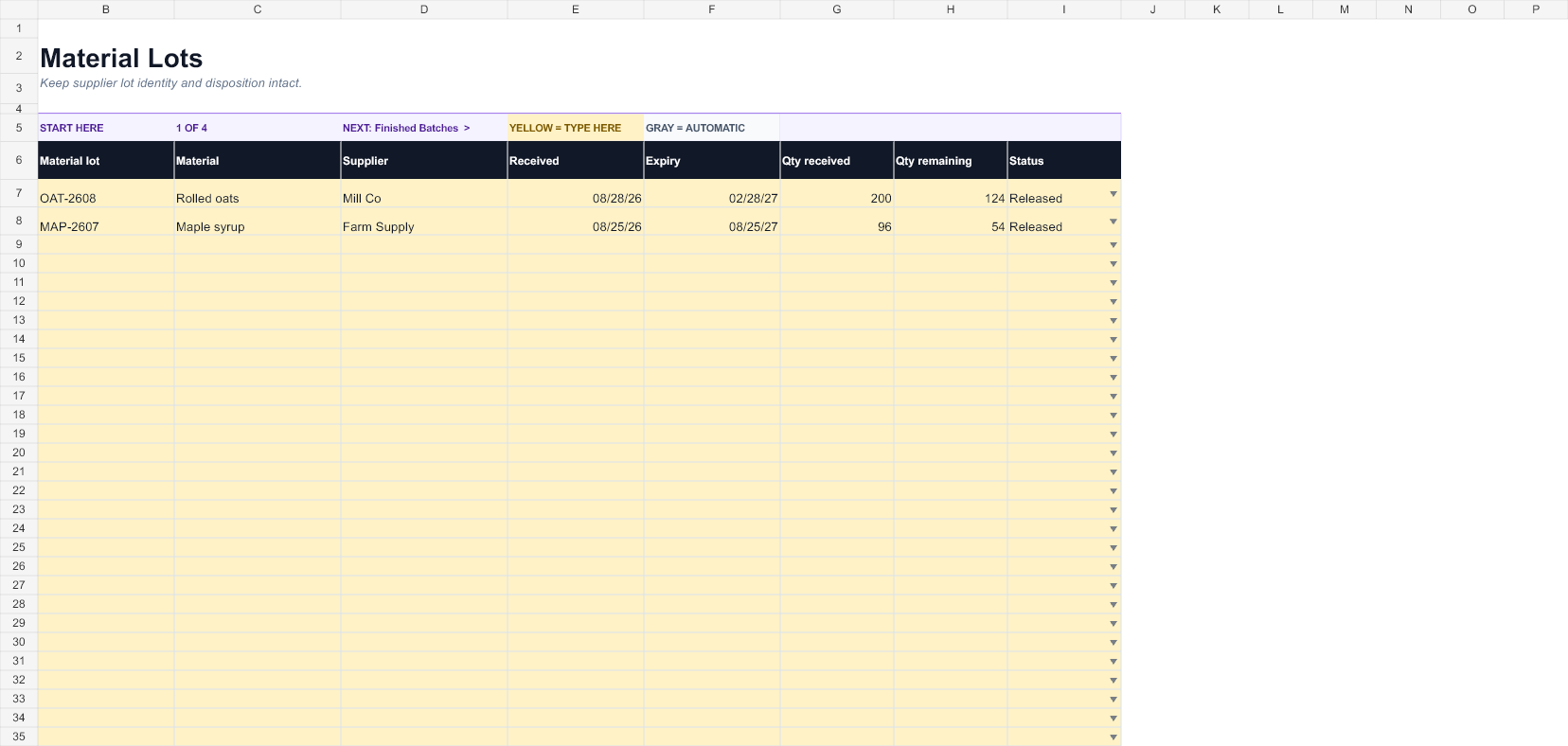 Preview of the Lot & Batch Traceability Spreadsheet workbook