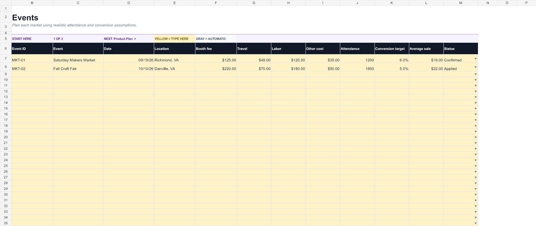 Preview of the Market Season Planner workbook