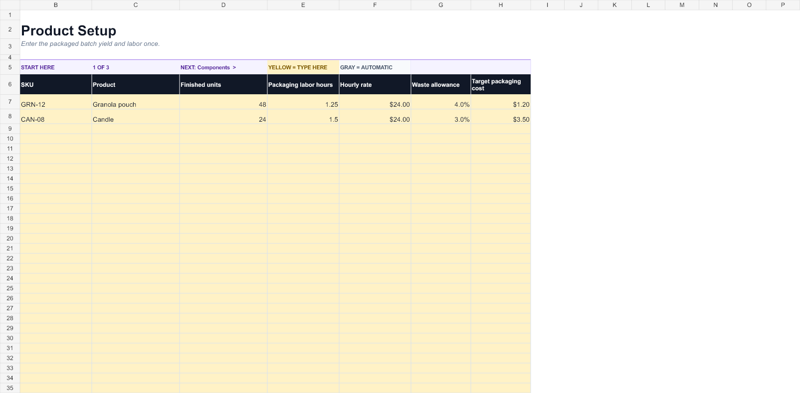 Preview of the Packaging Cost Calculator Workbook workbook