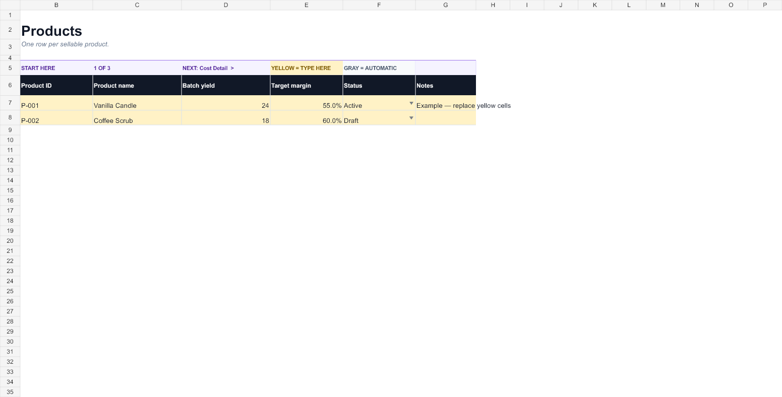 Preview of the Product Costing Spreadsheet workbook