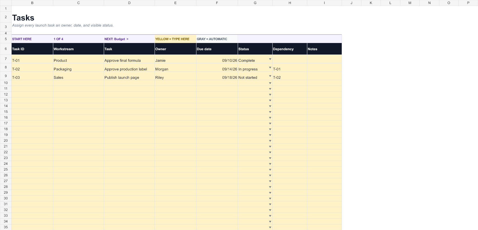 Preview of the Product Launch Planner workbook