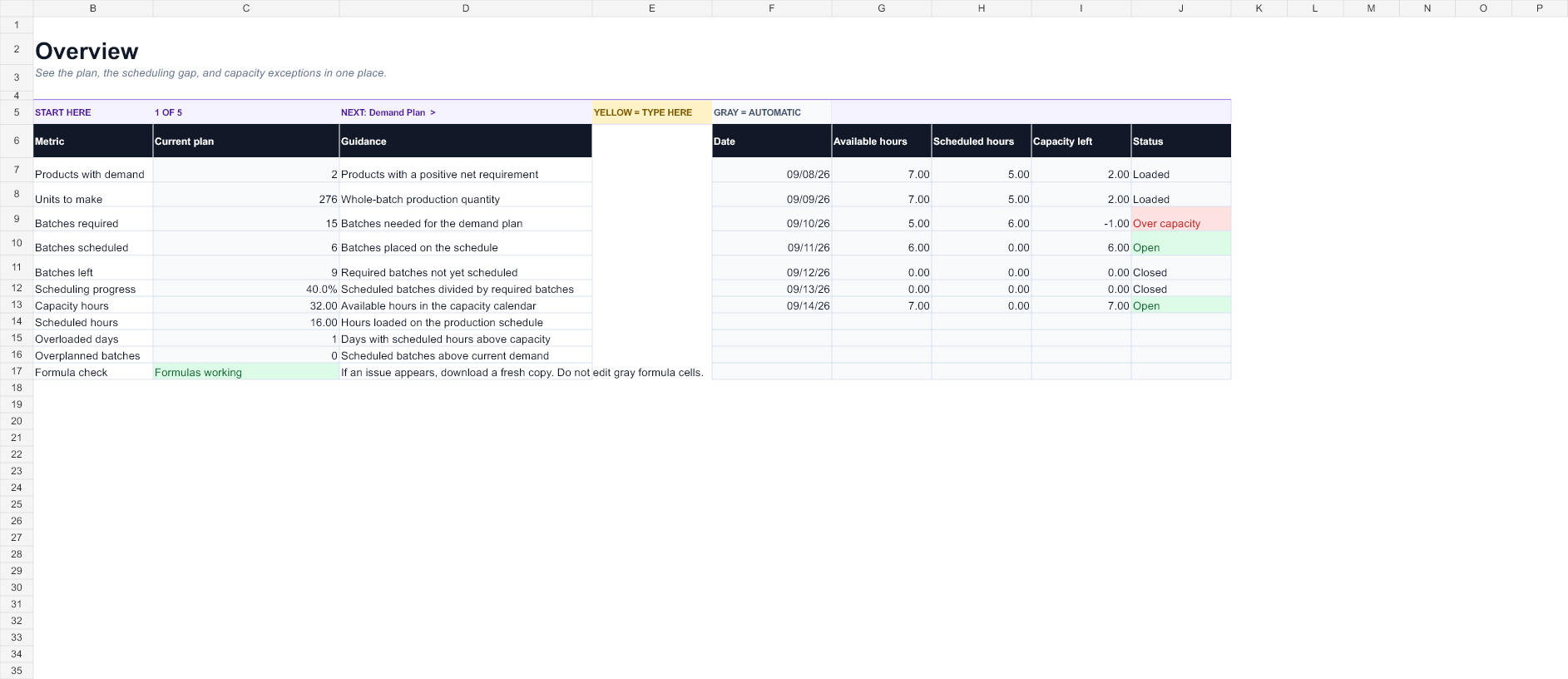 Preview of the Production Planning Spreadsheet workbook