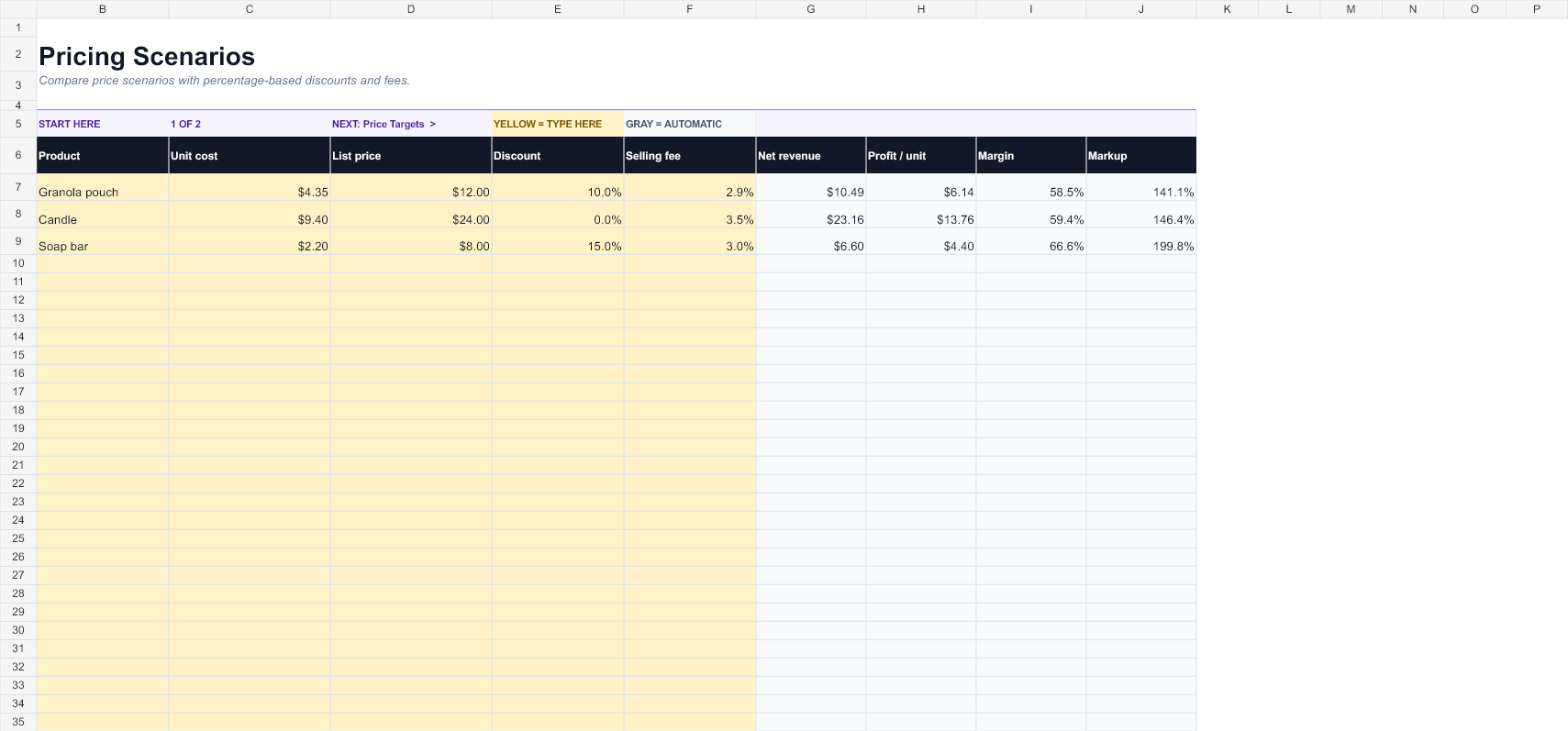Preview of the Profit Margin & Pricing Spreadsheet workbook