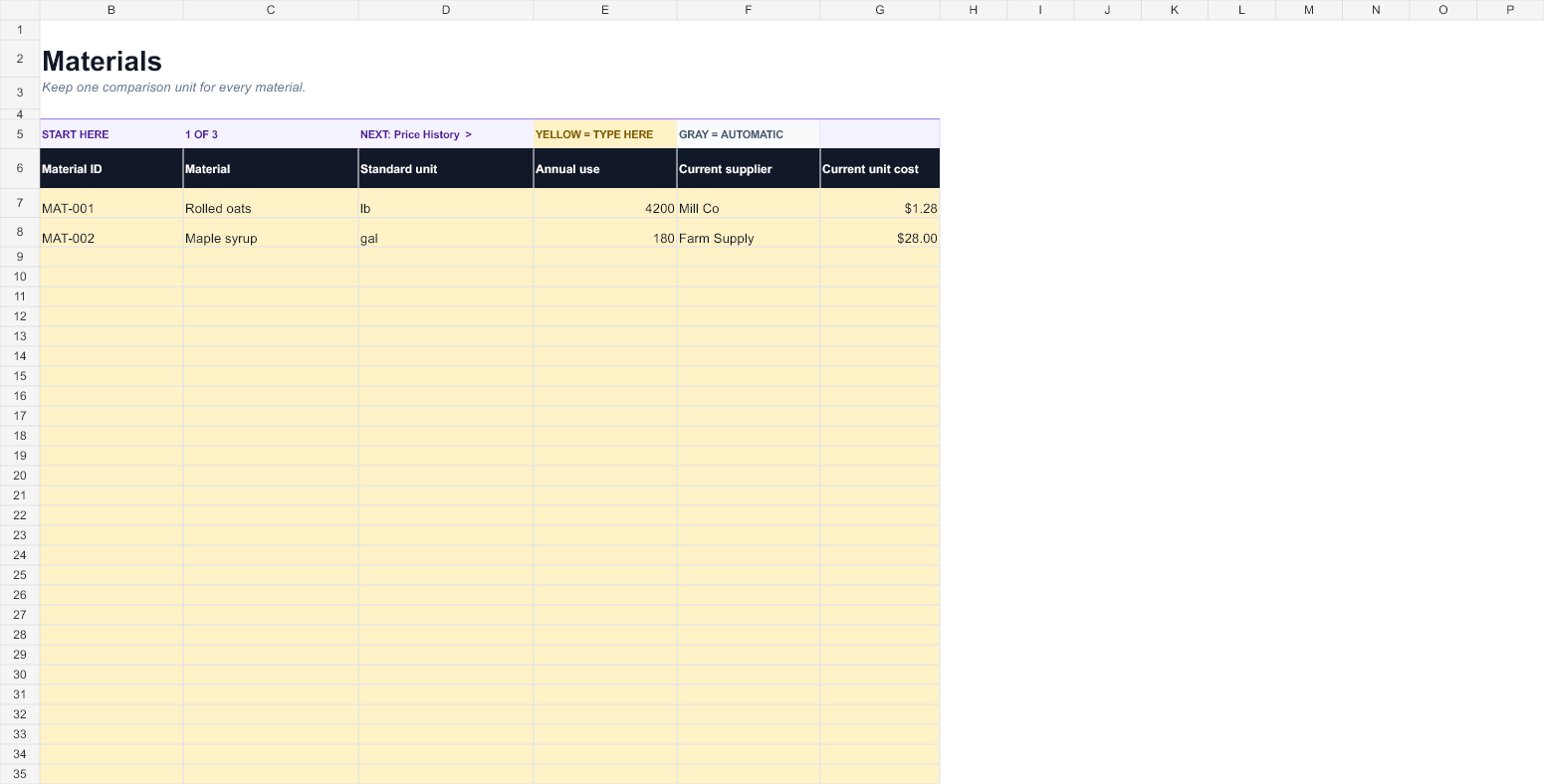 Preview of the Raw Material Price Tracker workbook