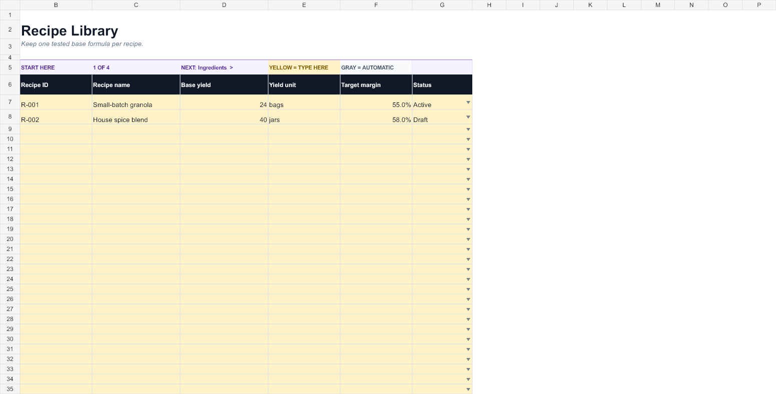 Preview of the Recipe Costing & Batch Scaling Workbook workbook