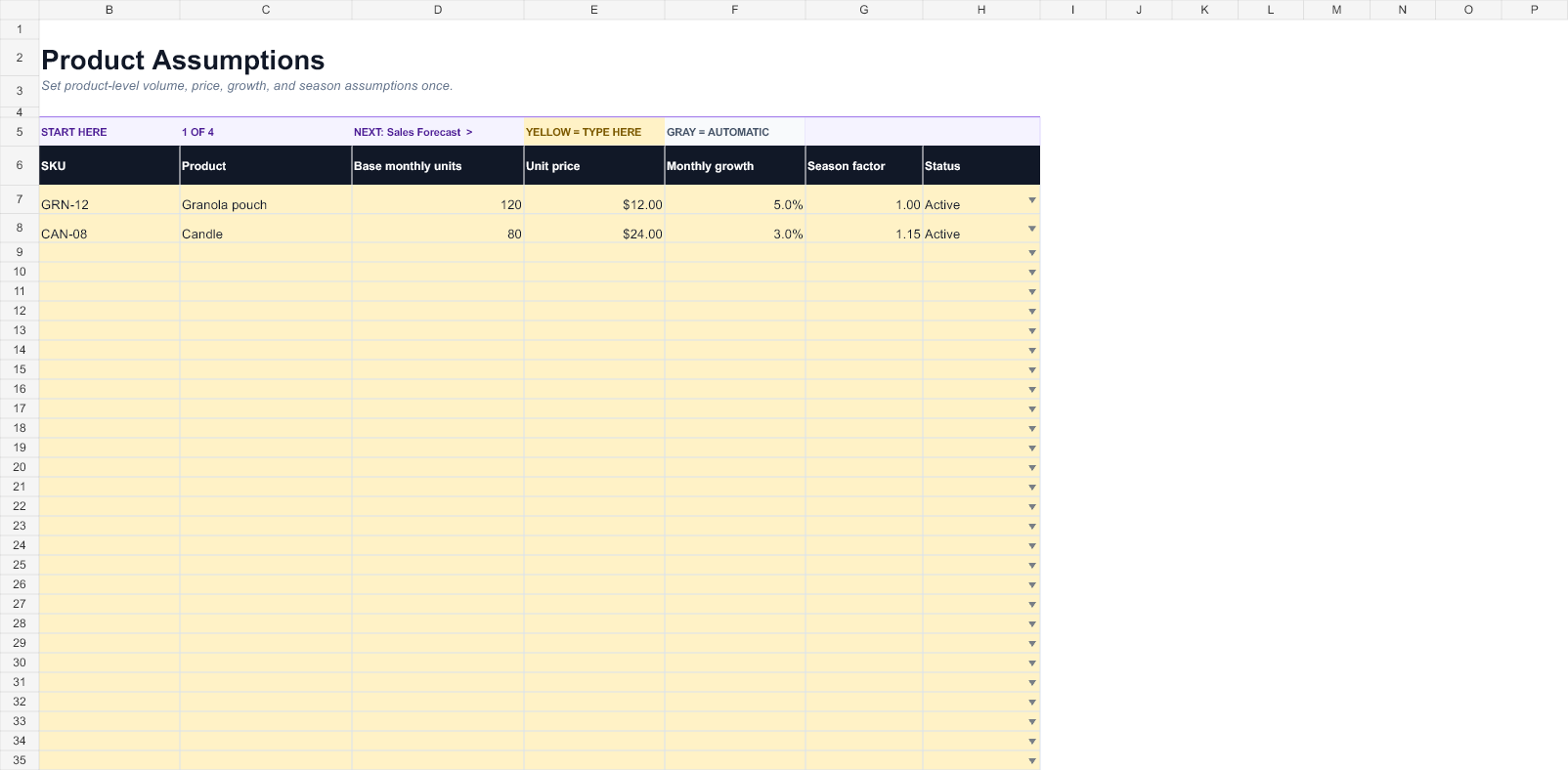 Preview of the Sales Forecast Spreadsheet workbook
