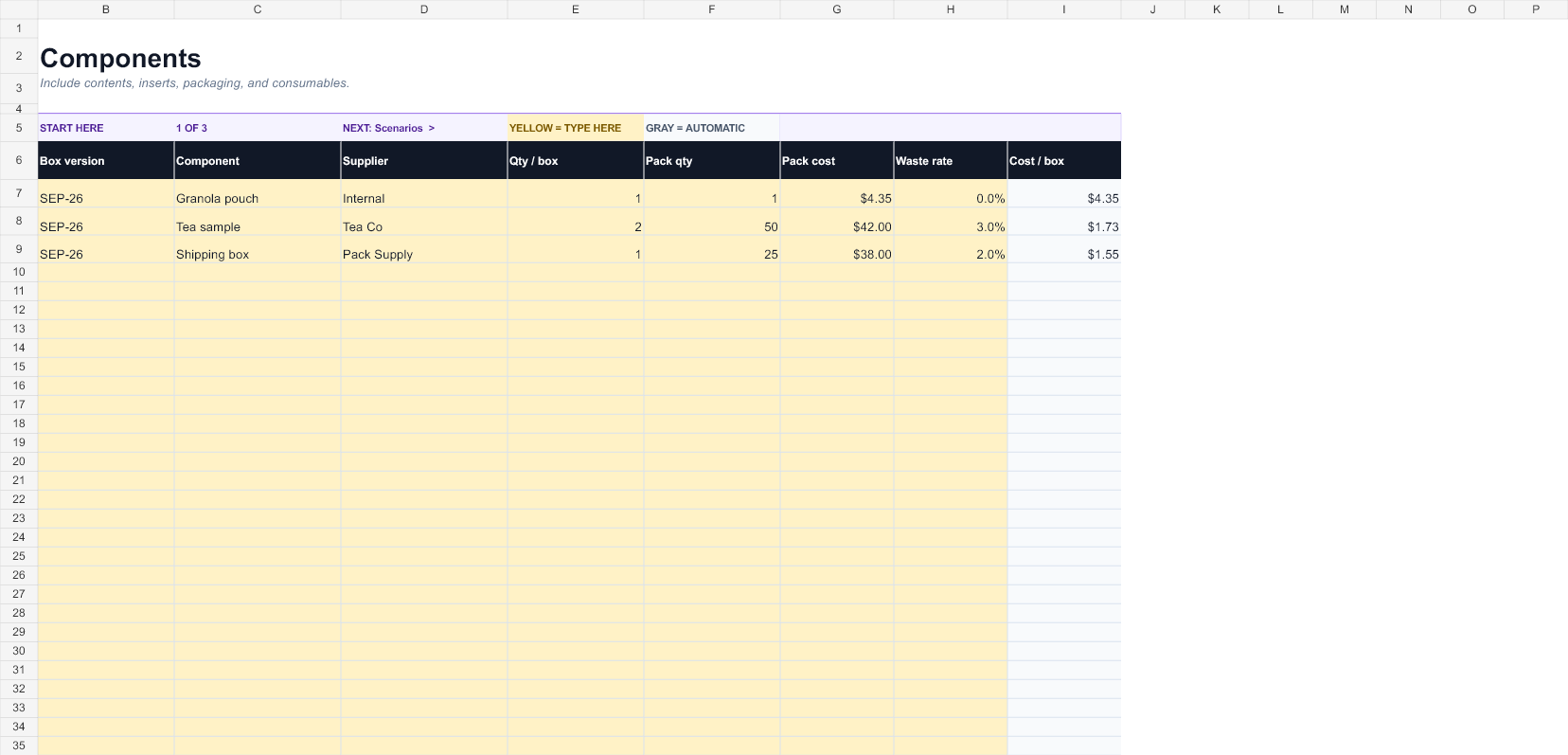 Preview of the Subscription Box Costing Planner workbook