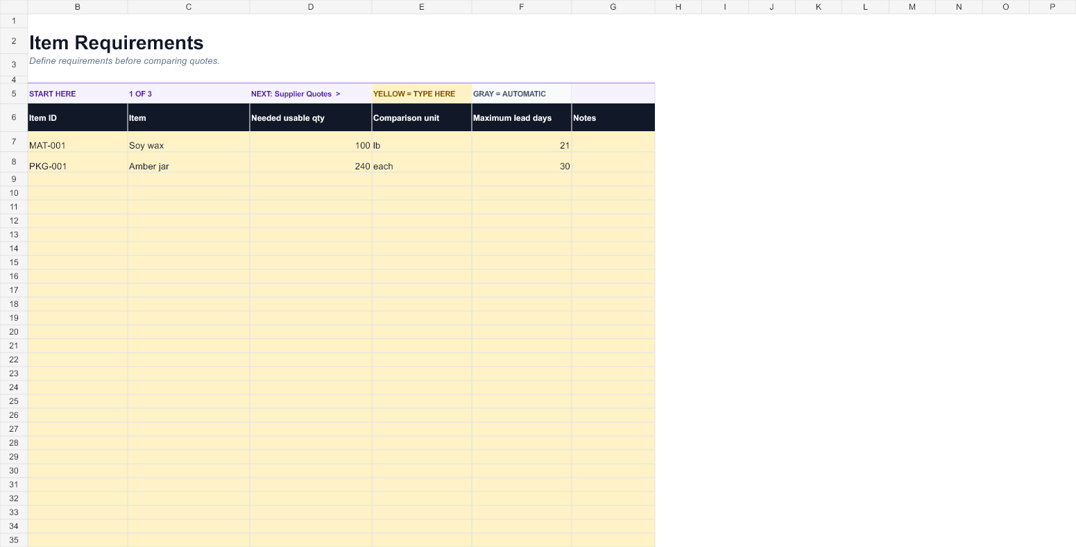 Preview of the Supplier Quote & MOQ Comparison Spreadsheet workbook
