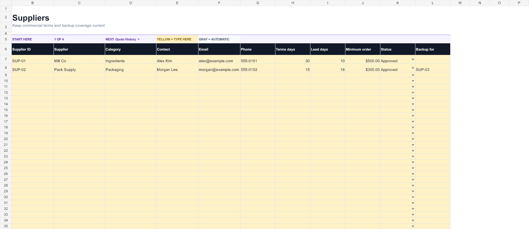Preview of the Vendor & Supplier Database workbook