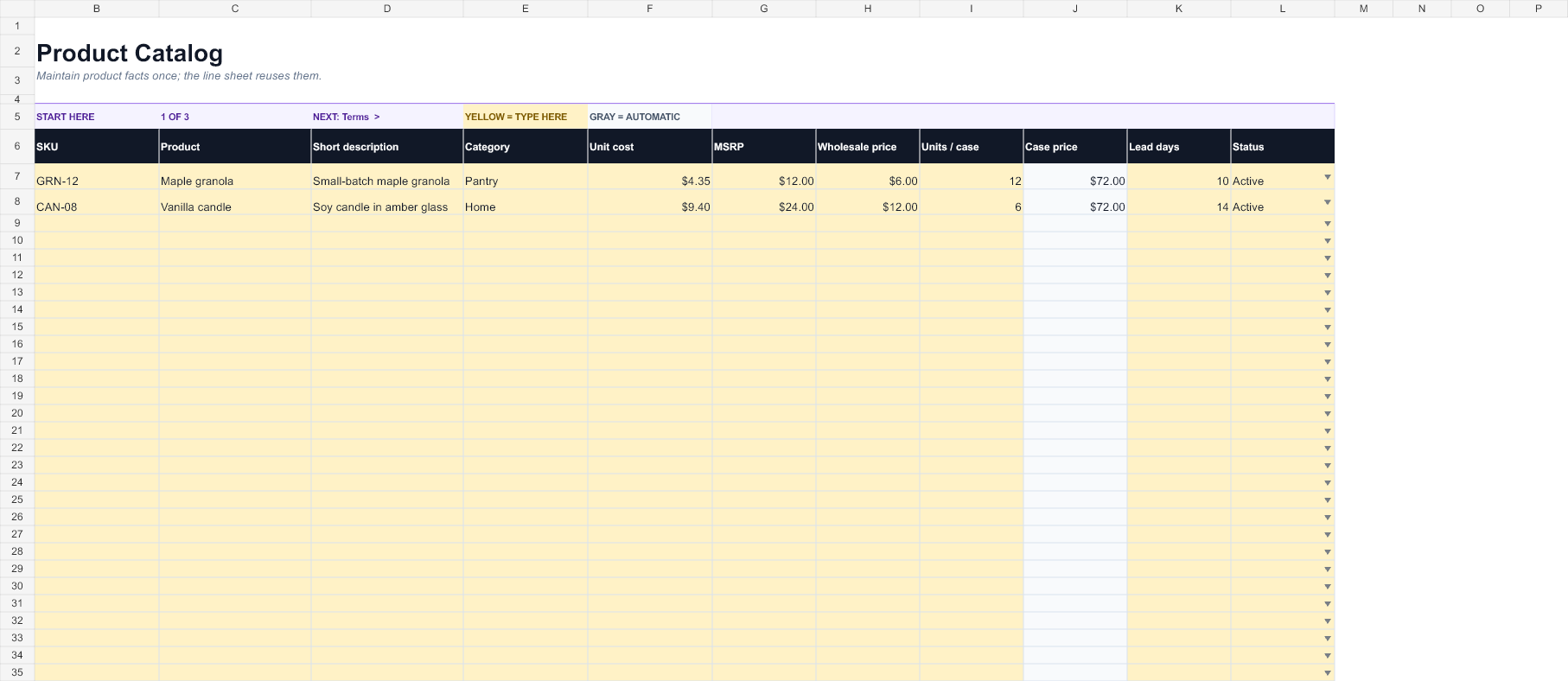 Preview of the Wholesale Line Sheet Builder workbook