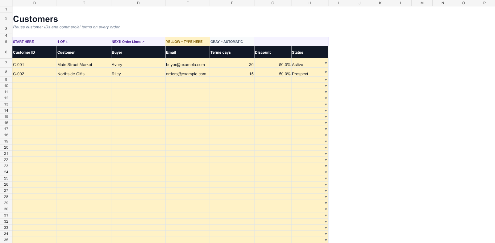 Preview of the Wholesale Order Tracker workbook