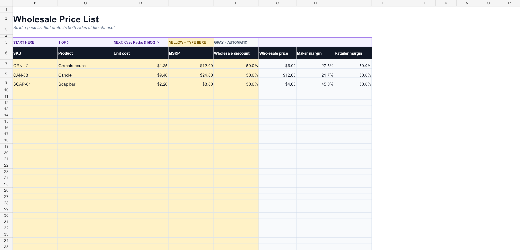 Preview of the Wholesale Pricing Spreadsheet workbook