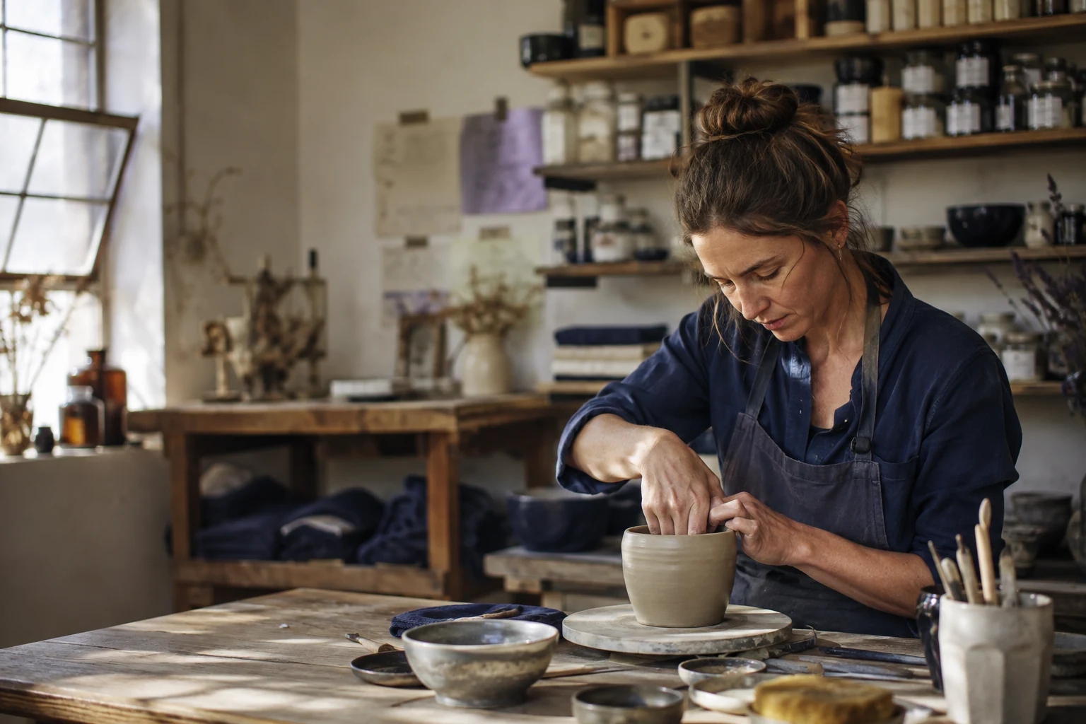 An independent ceramic artist shaping a vessel by hand in a warm working studio.