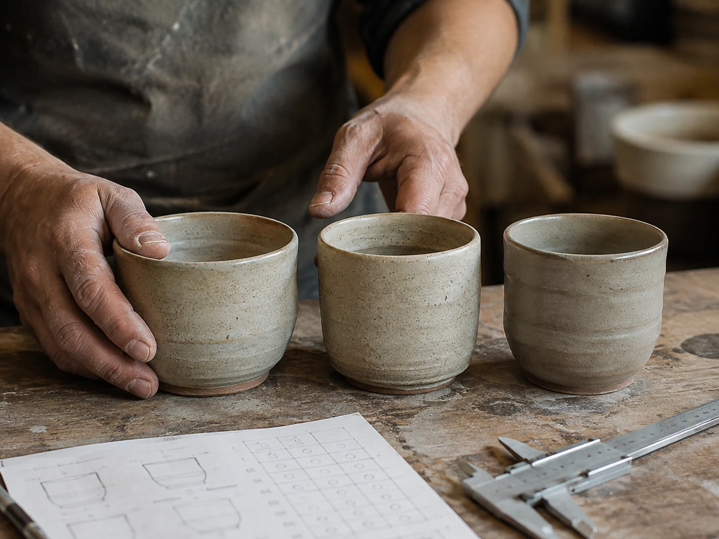 An artisan compares three handmade ceramic cups against a quality plan and calipers.
