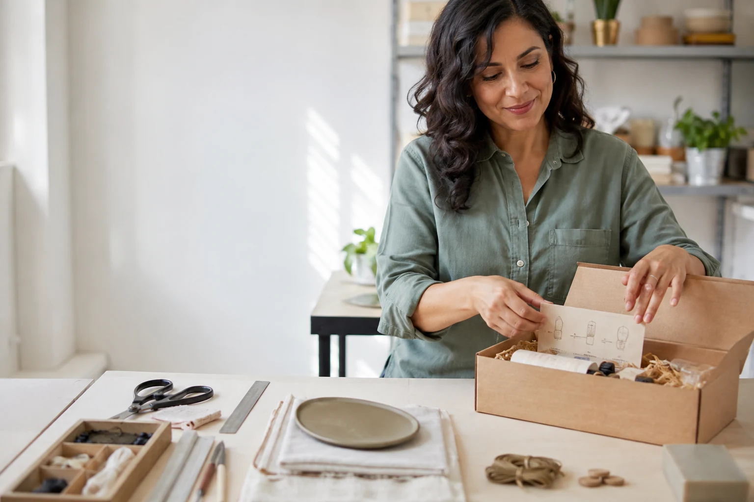 A maker assembles a clearly organized beginner kit at a bright studio table.