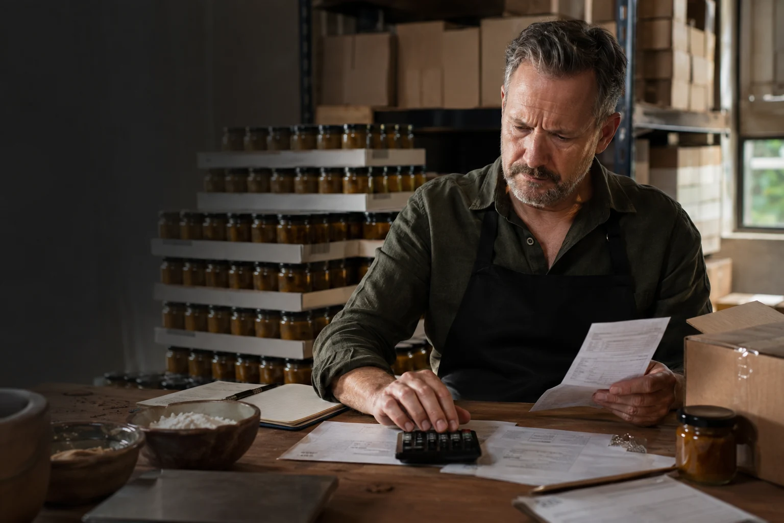 A maker reviews costs beside stacks of orders for a bestselling jar product.