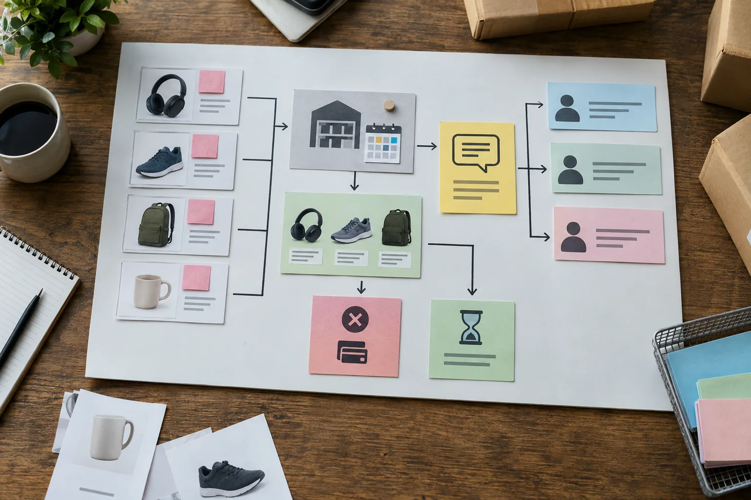 Affected orders, substitutes, supplier timing, customer messages, and refund or wait paths form a backorder decision board.