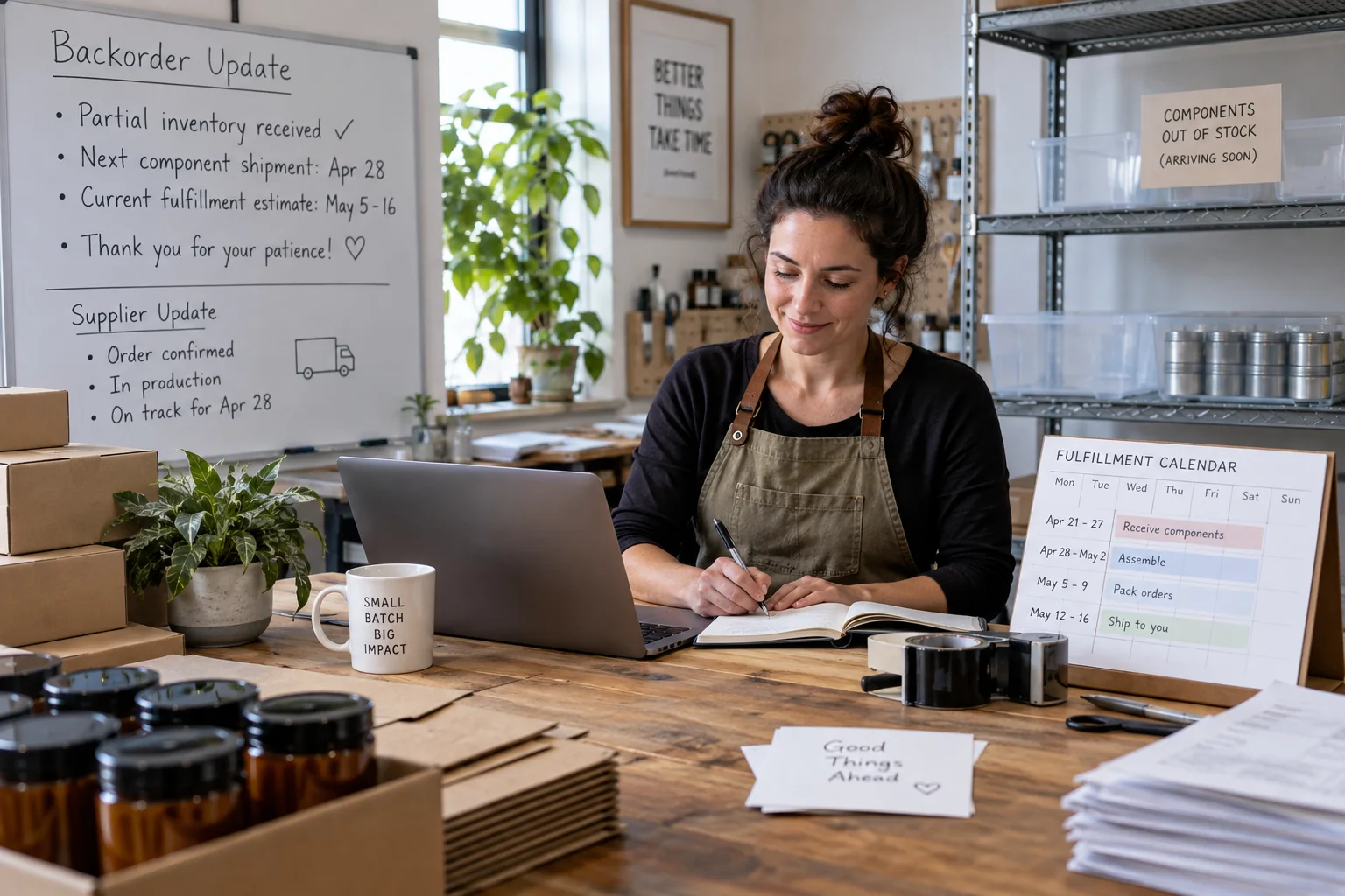 A maker manages a backordered product using customer communication, partial stock, supplier updates, and a realistic calendar.
