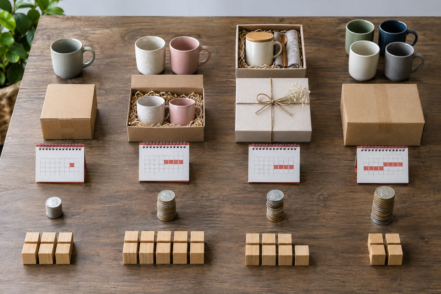 Four promotion structures are compared using products, packaging, fulfillment, fees, and inventory.