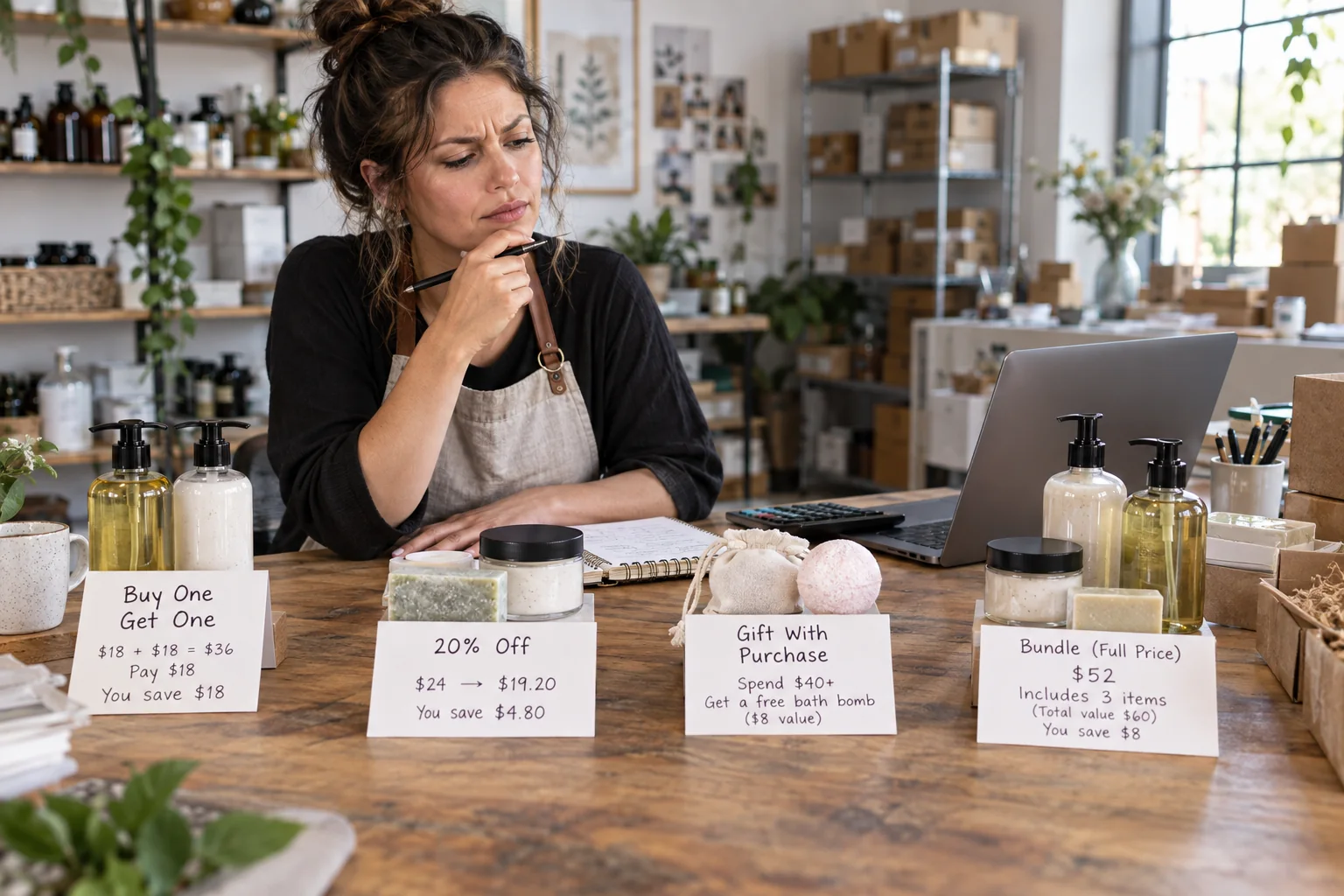 A bath and body maker compares BOGO, percentage discount, gift, and bundle promotions.