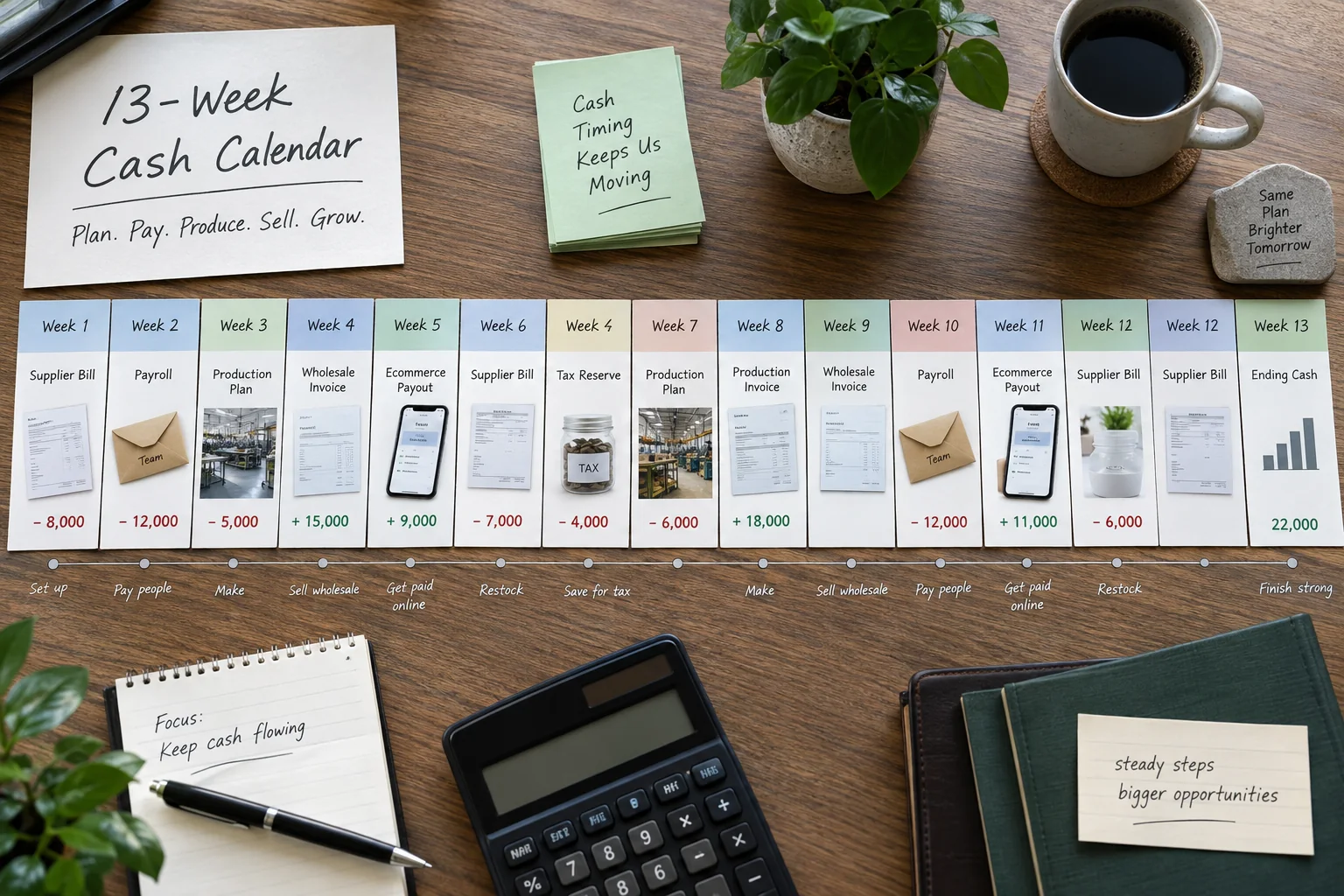 Weekly cards show supplier bills, payroll, production, invoices, ecommerce payouts, tax reserve, and ending cash.
