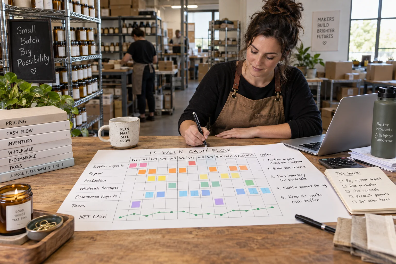 A maker builds a thirteen-week cash calendar connecting supplier, payroll, production, sales, and tax timing.