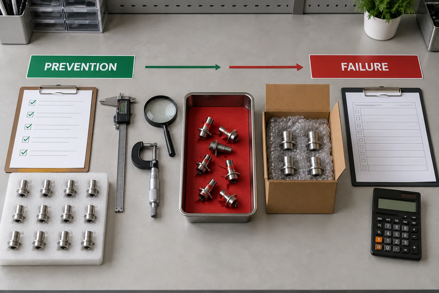 An approved sample, inspection tools, rework, replacement package, complaint record, and calculator form a quality-cost review.