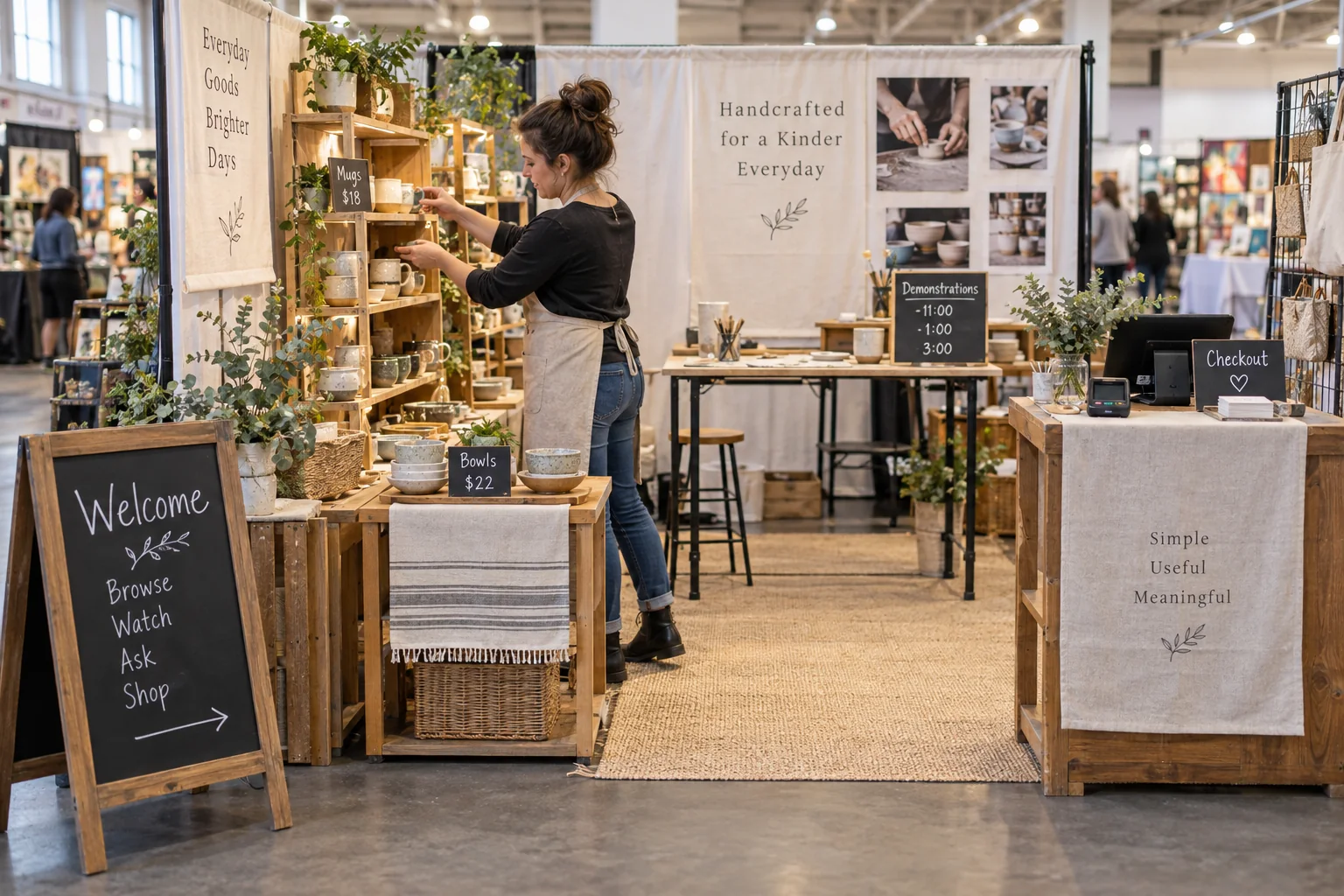 A maker improves a real craft-market booth so products, prices, demonstration, and checkout are easy to understand.