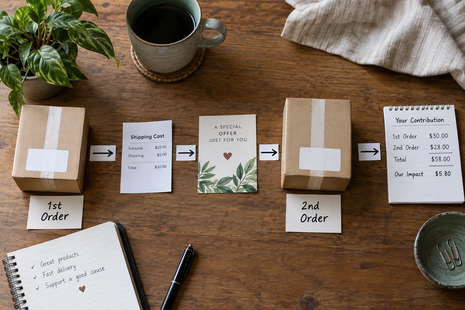 A physical customer journey connects promotion, first order, fulfillment cost, second order, and contribution.