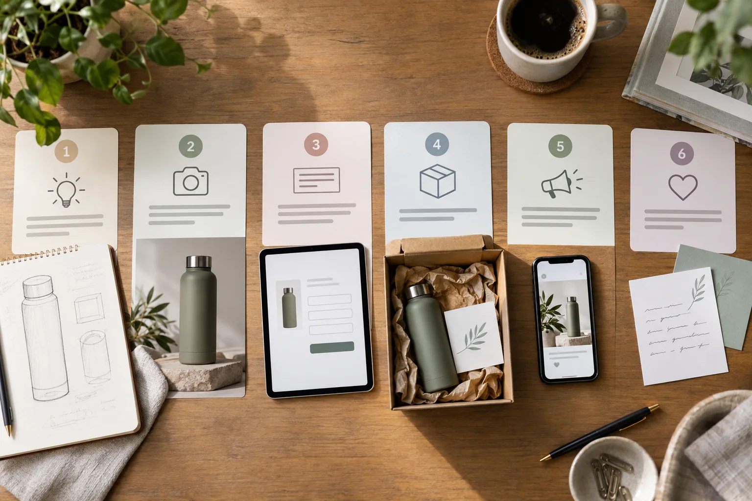 Six launch messages are arranged with product photography, signup planning, a packed order, and follow-up notes.