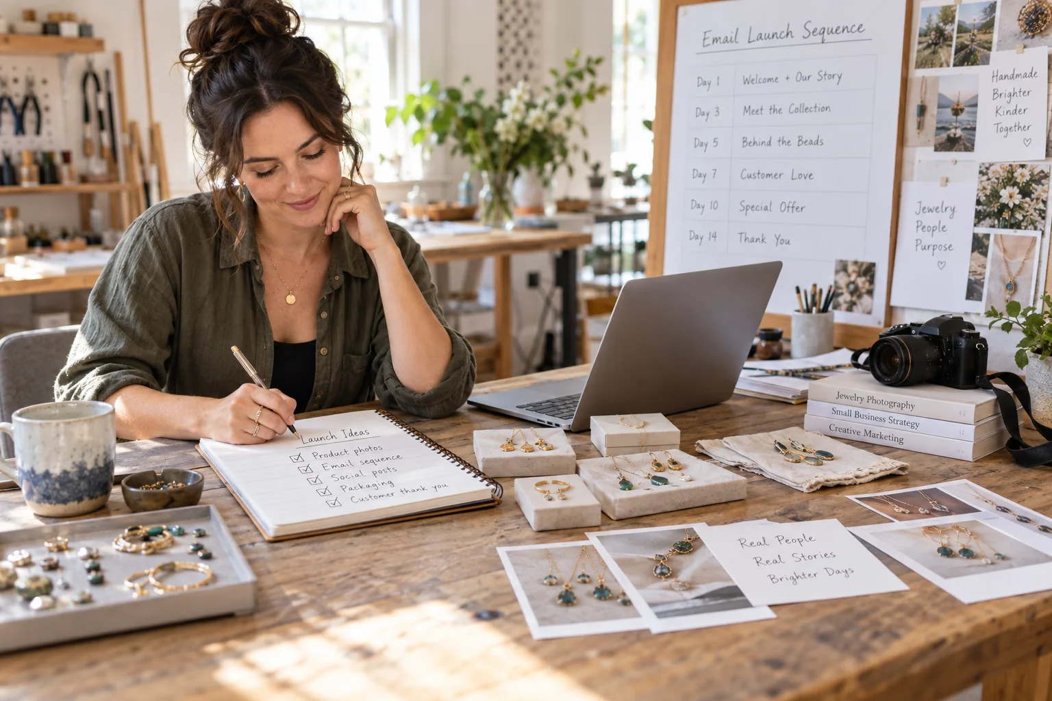 A jewelry maker plans a customer-friendly email launch sequence around real samples and a production calendar.
