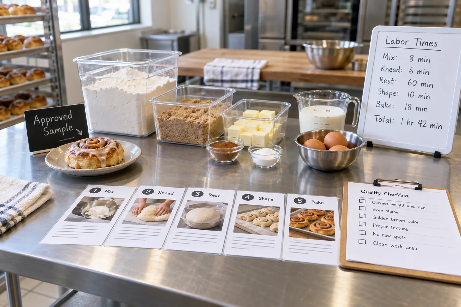 An approved sample, measured ingredients, task cards, quality checks, and labor notes create a production handoff.