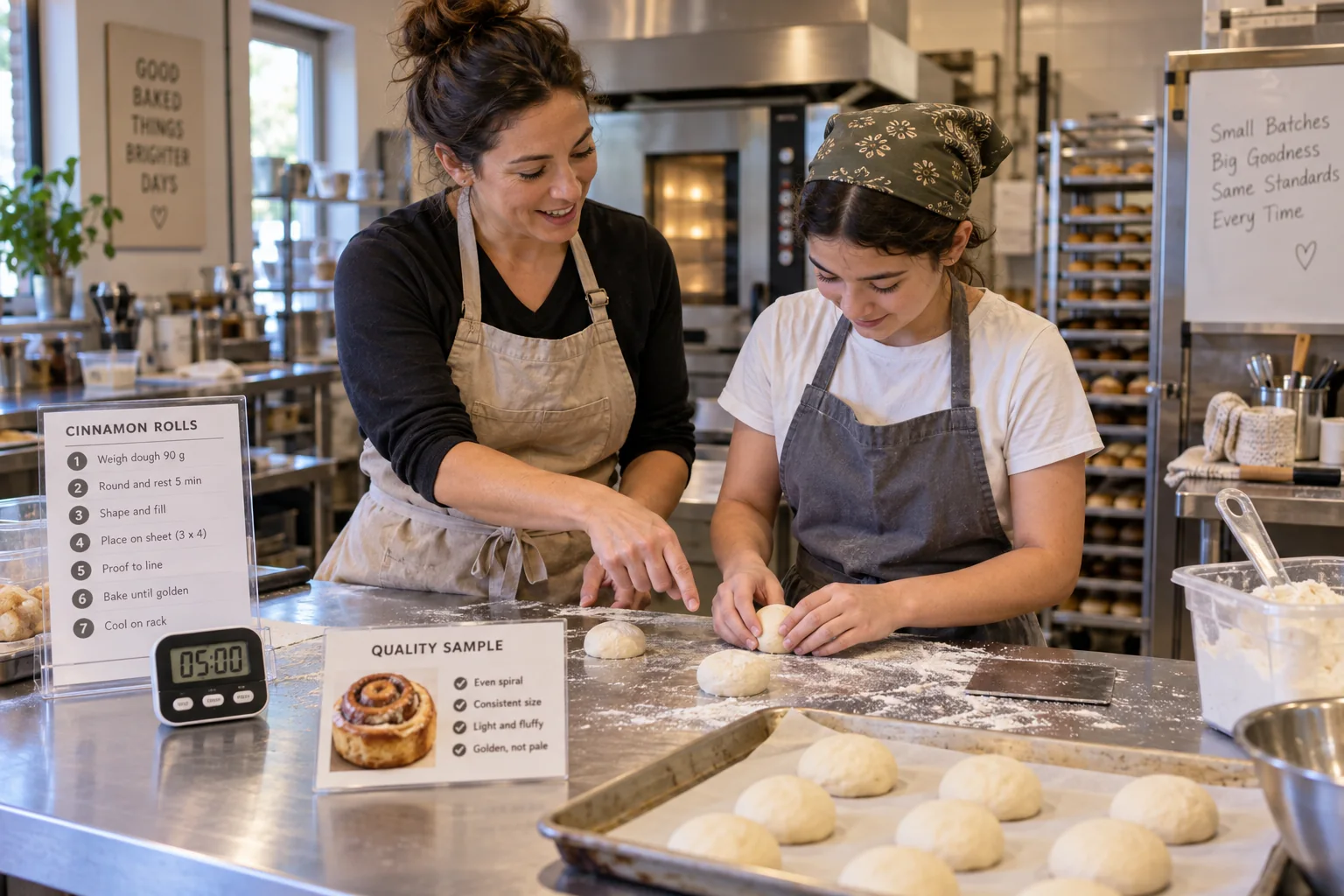 A bakery founder trains a first production helper using a clear station, timing, and approved quality sample.