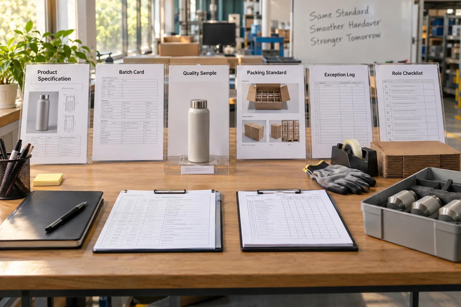 A specification, batch card, quality sample, packing standard, exception log, and role checklist create an operations handoff.