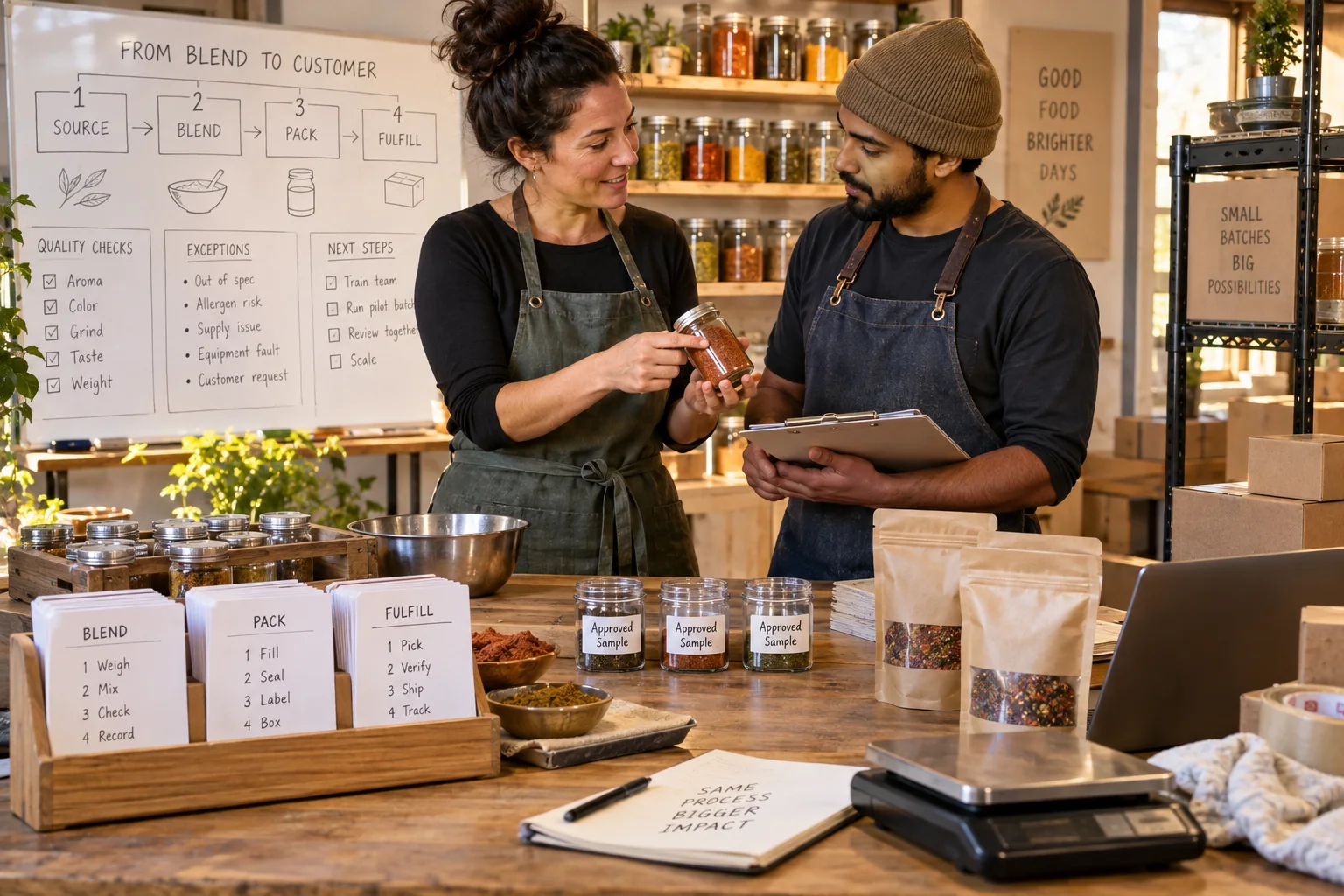 A spice-business founder hands a repeatable production and fulfillment process to a trained teammate.