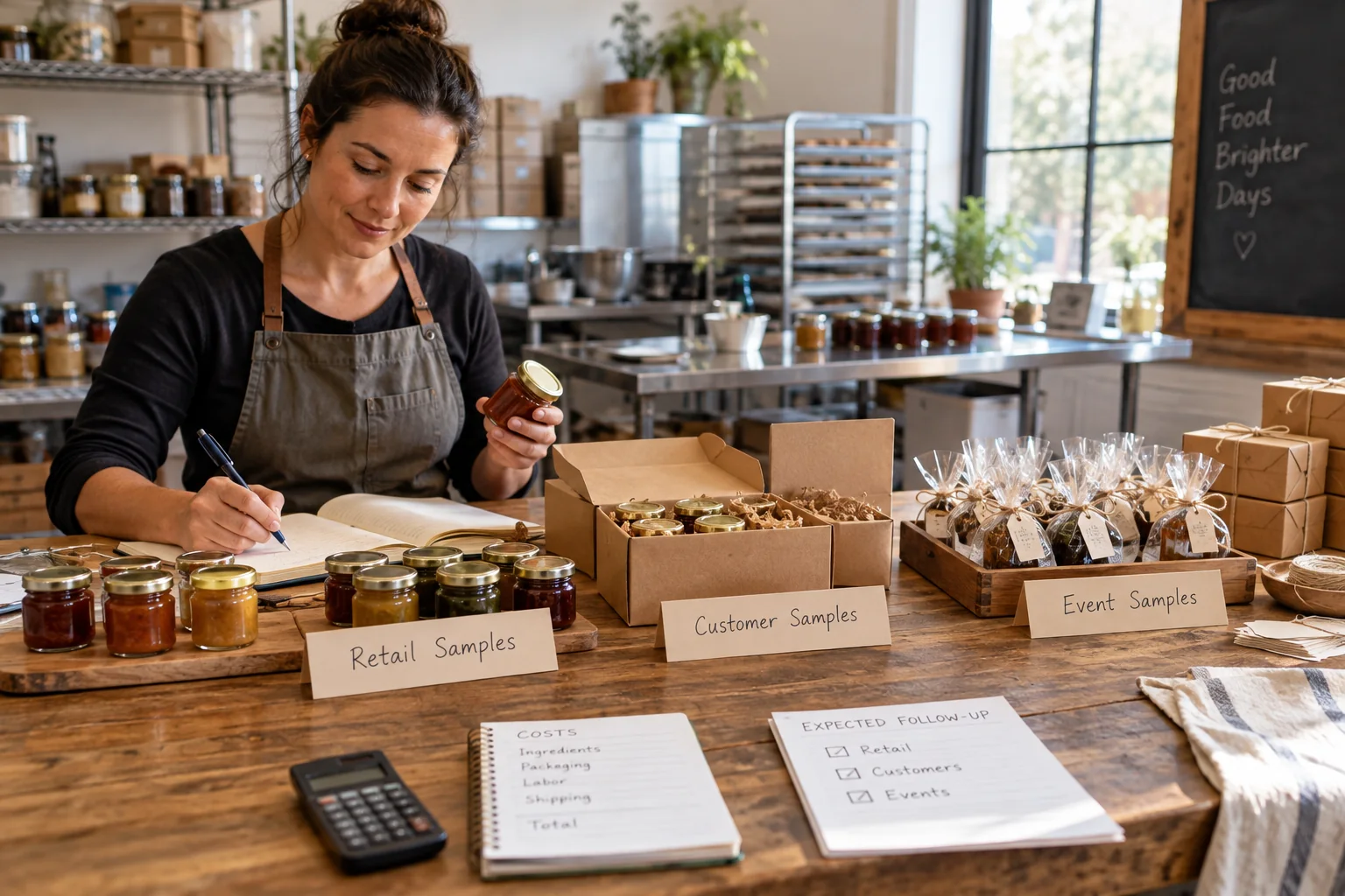 A specialty food maker prepares distinct sample programs for retail, events, and customer shipments.