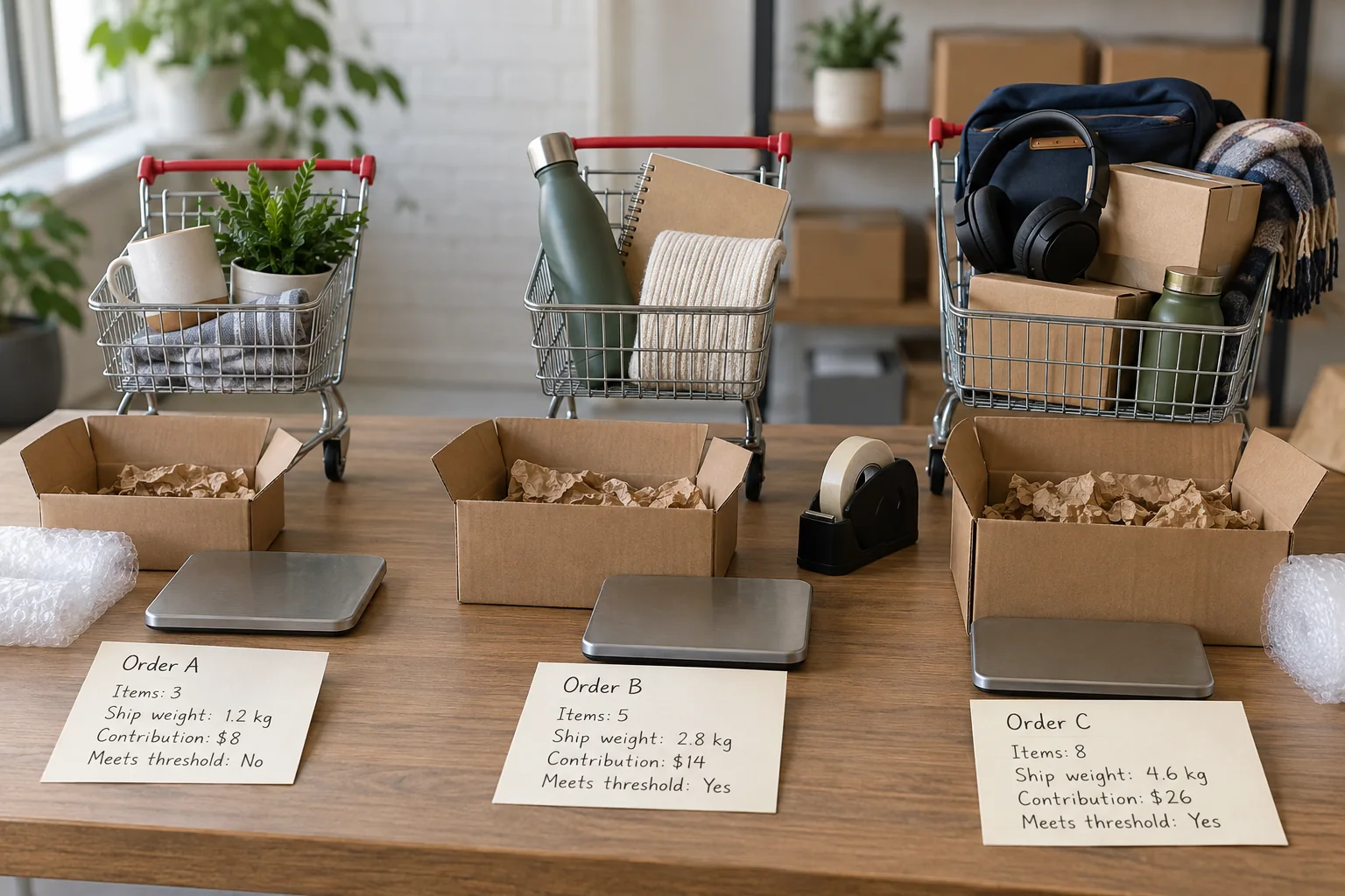 Three ecommerce carts are compared using products, cartons, packing material, scale, and contribution evidence.