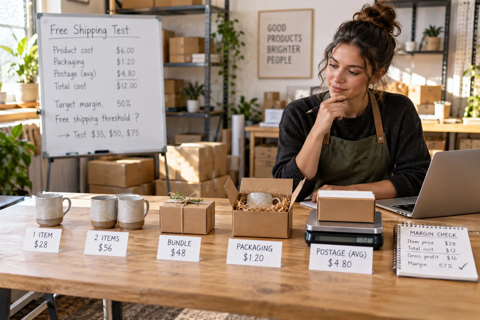 A maker compares single-item, multi-item, and bundle carts with packaging, postage, and contribution.