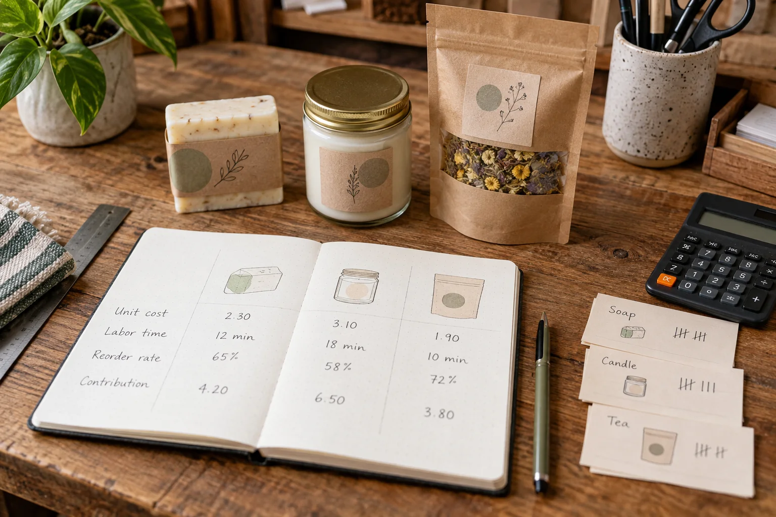 Three packaged products are compared using unit cost, labor time, reorder behavior, and contribution notes.