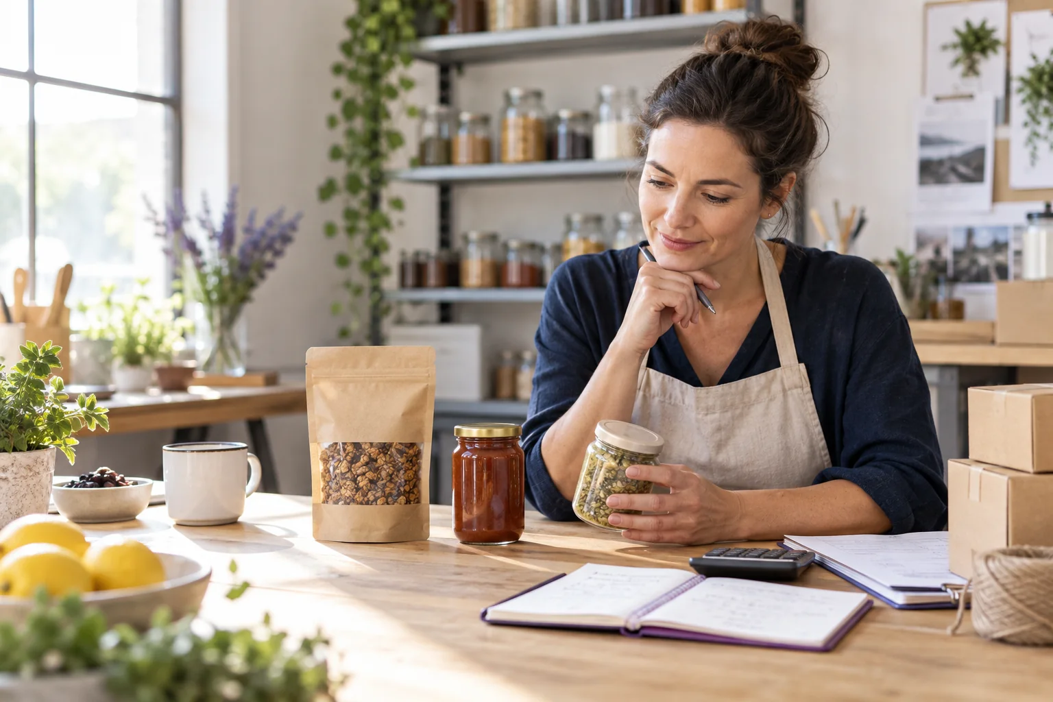 A specialty food maker compares three packaged products, costs, orders, and production evidence at a sunlit studio table.