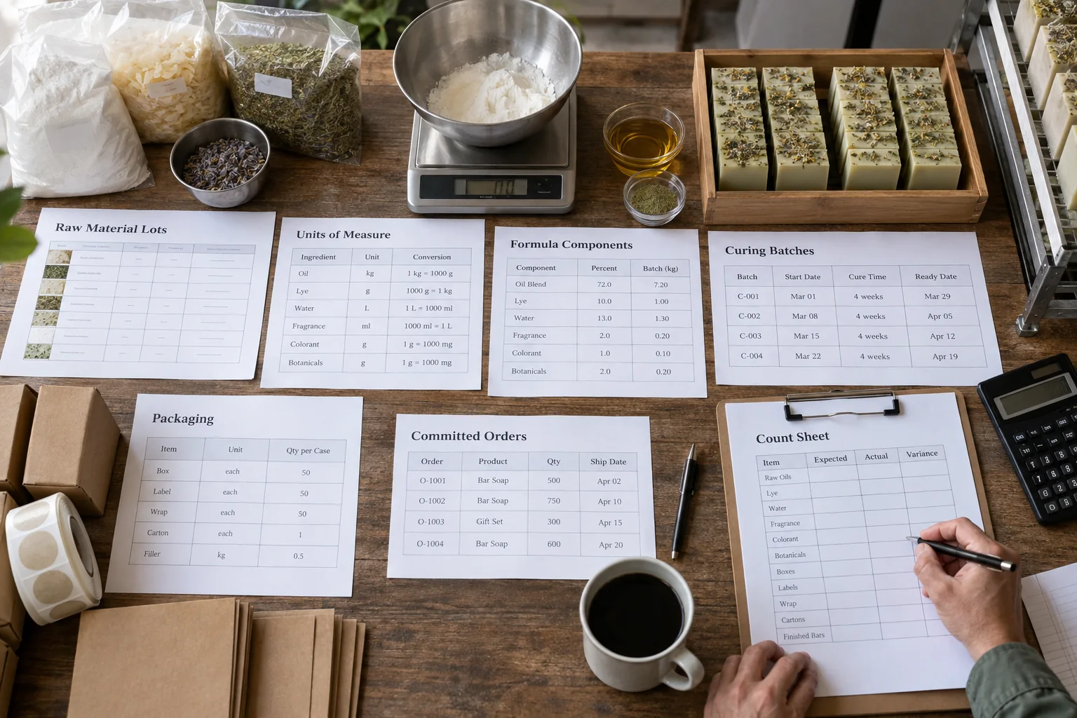 Raw material lots, units, formulas, curing batches, packaging, orders, and count sheets form a software requirements audit.