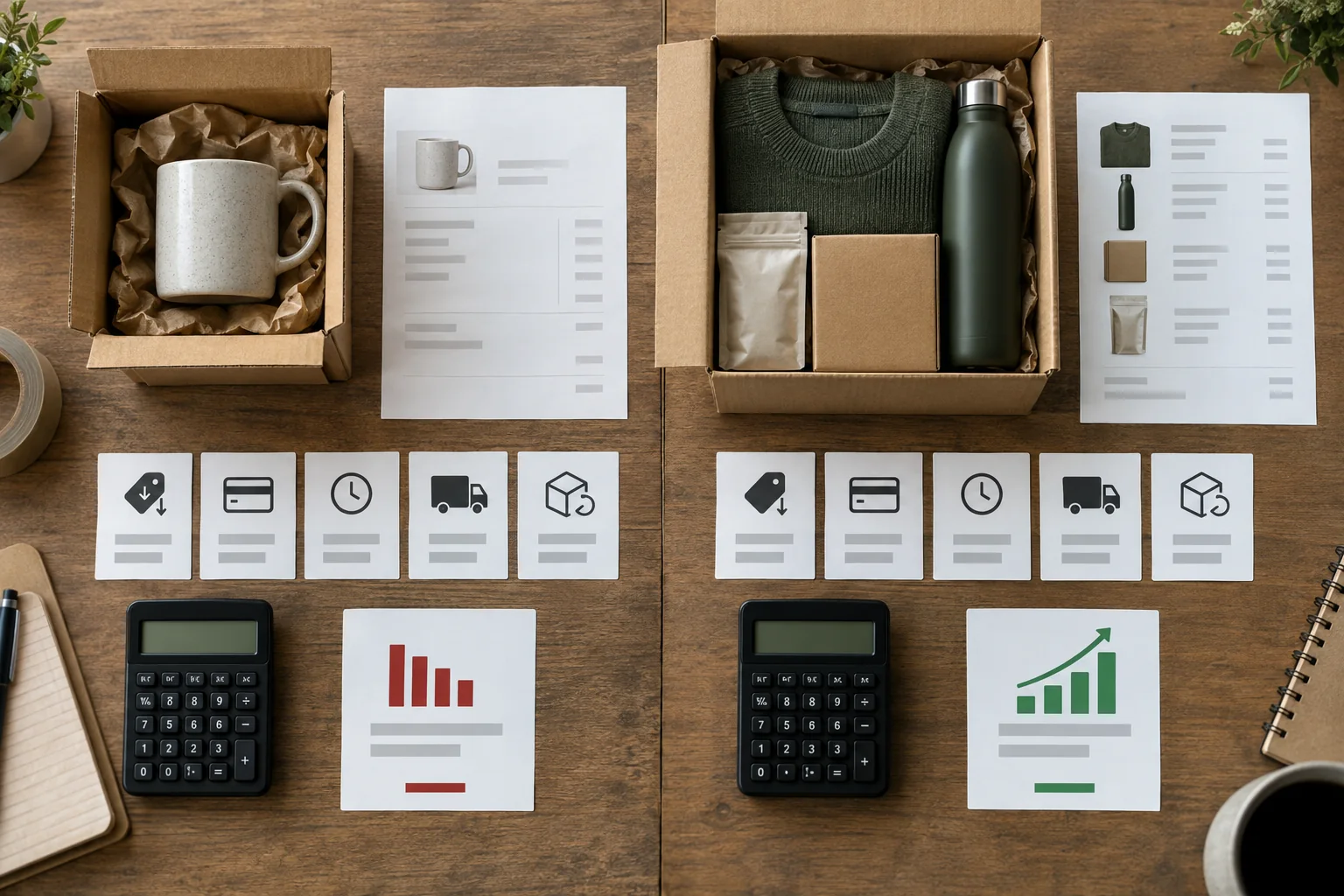 Two equal-revenue orders are compared using discounts, fees, fulfillment time, freight, returns, and contribution.