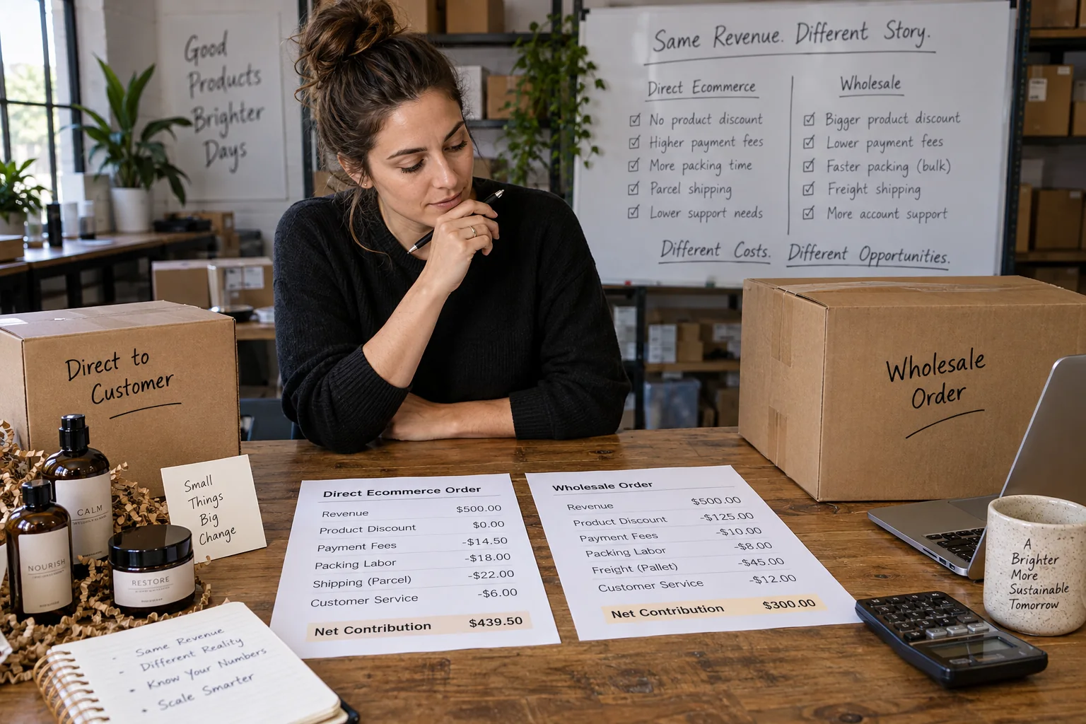 A maker compares equal-revenue ecommerce and wholesale orders with different costs and service work.