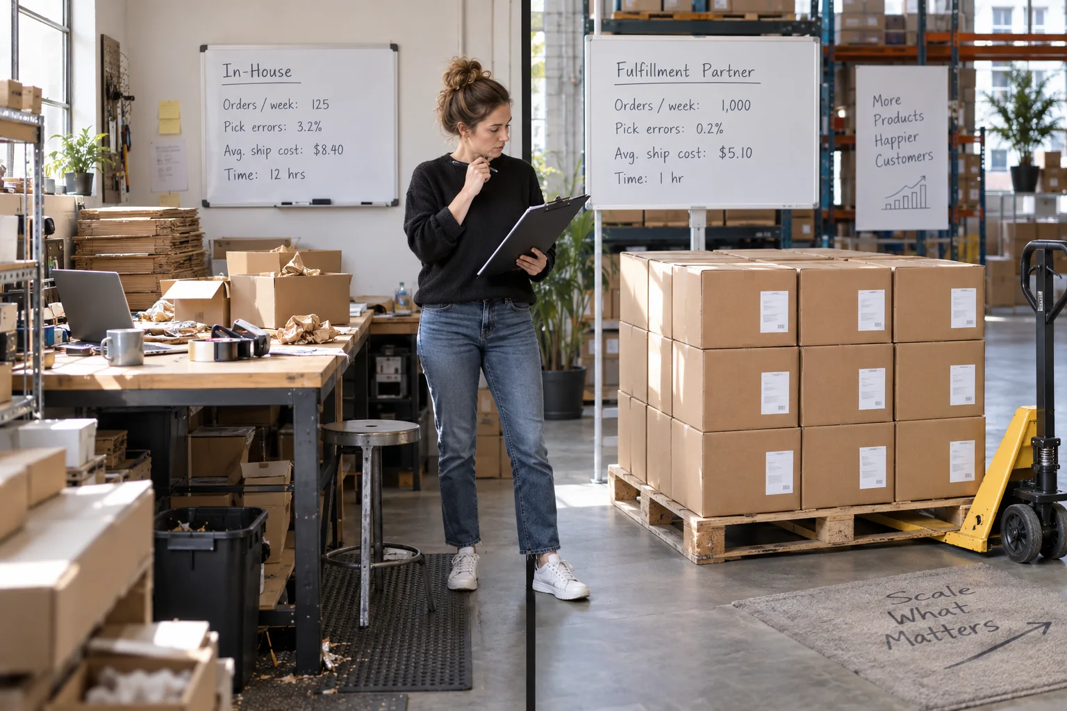 A founder compares an in-house packing bench with cartons prepared for a fulfillment partner.